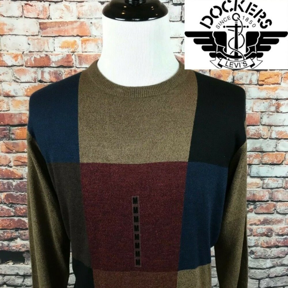 DOCKERS Retro Cafe Maroon Colorblock Plaid Sweater